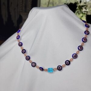 Elegant Blue and Pink Floral Beaded Necklace